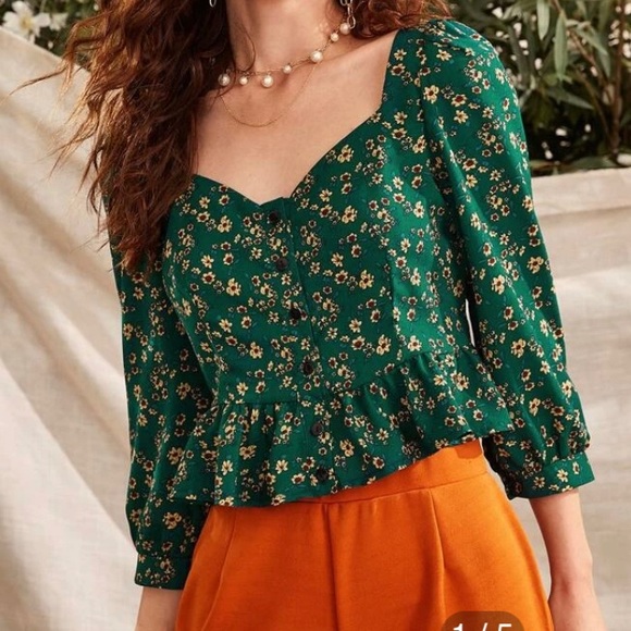 SHEIN Tops - Shein Green Floral Peplum Top